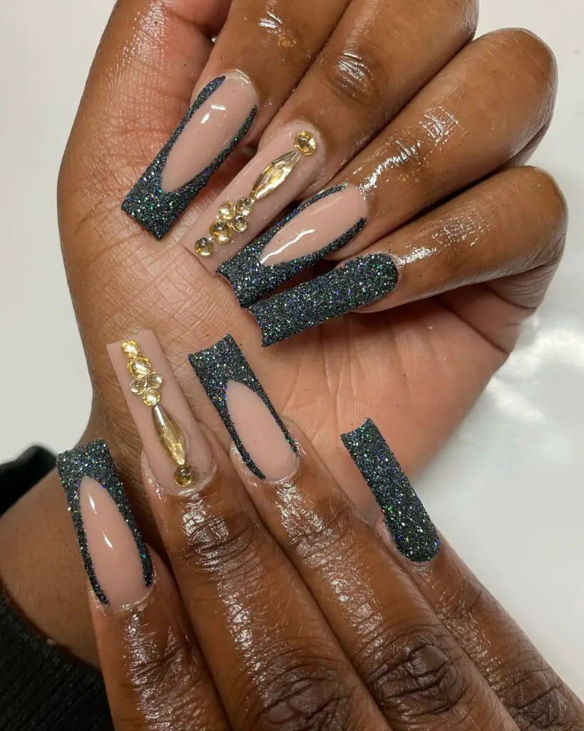 Black prom glitter nails