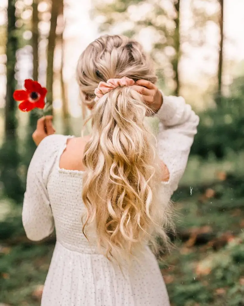 Half-Up, Half-Down Braid with Loose Curls for long hair in cute spring hairstyle