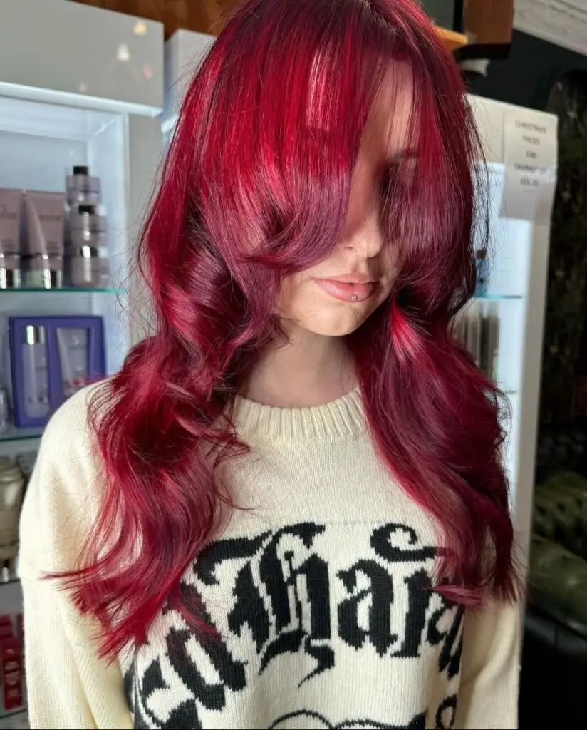 Long-layered, Colored in a Brilliant Shade of Ruby Red- spring hair colors