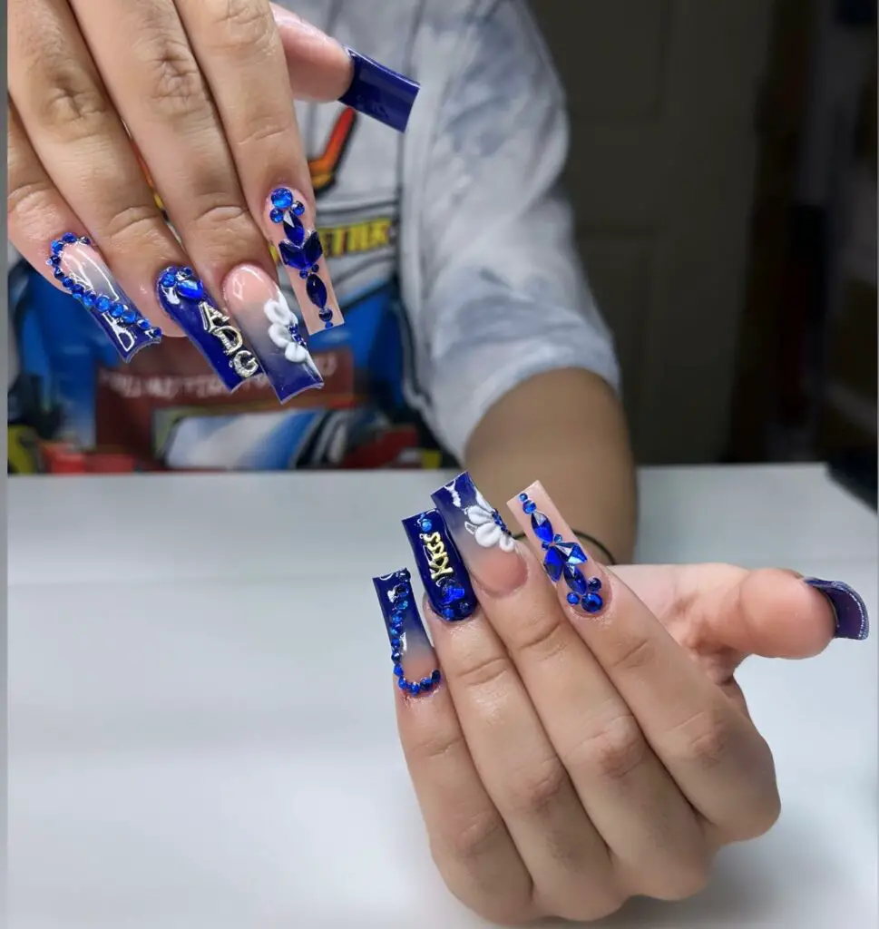 Royal Blue Jeweled Cascade Nails