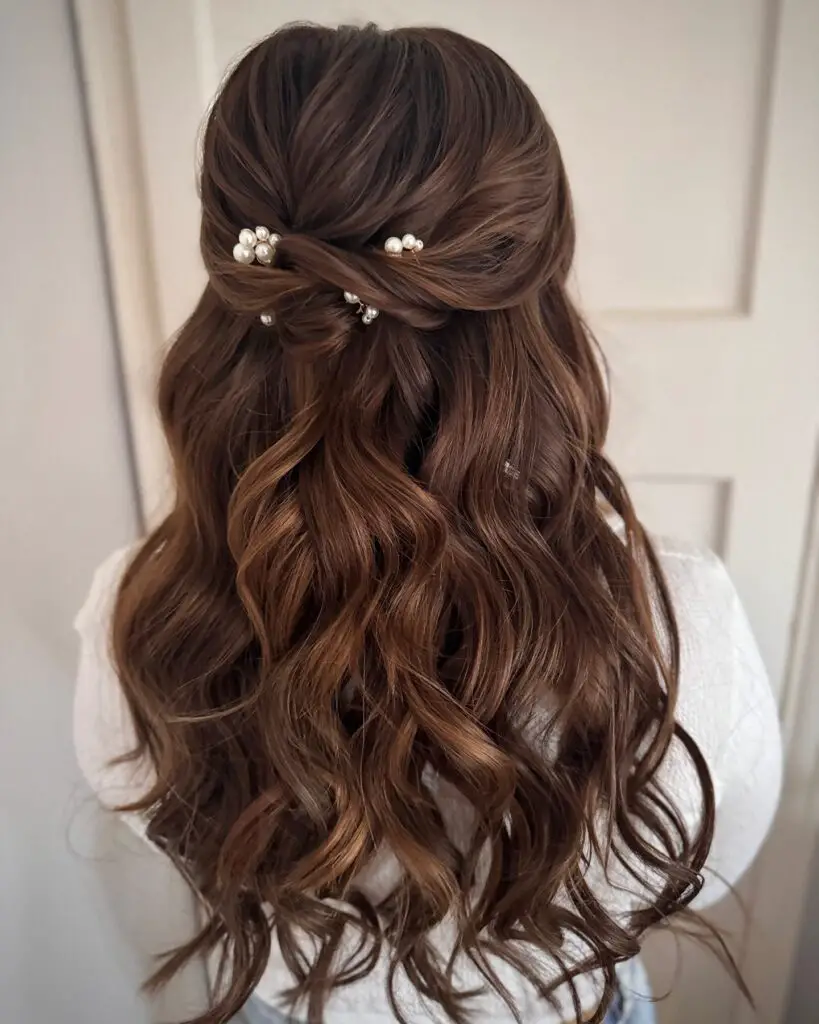 beautiful cascading half-up, half-down style prom hair