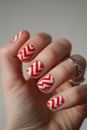 2. Red and White Chevron Nails