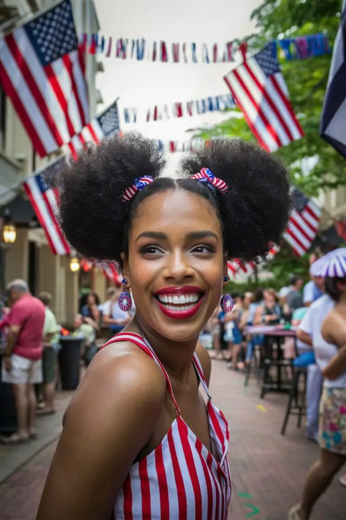 4th of July Patriotic Hairstyle of a joyful young woman with afro puffs decorated with red, white, and blue hair ties, wearing a stylish top with patriotic colors, in a festive outdoor setting with flags and decorations.