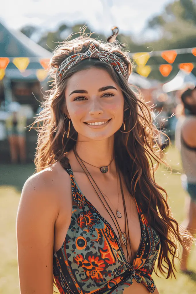 A young woman with loose waves and a bandana used as a headband, wearing a boho-style dress, at an outdoor music festival.