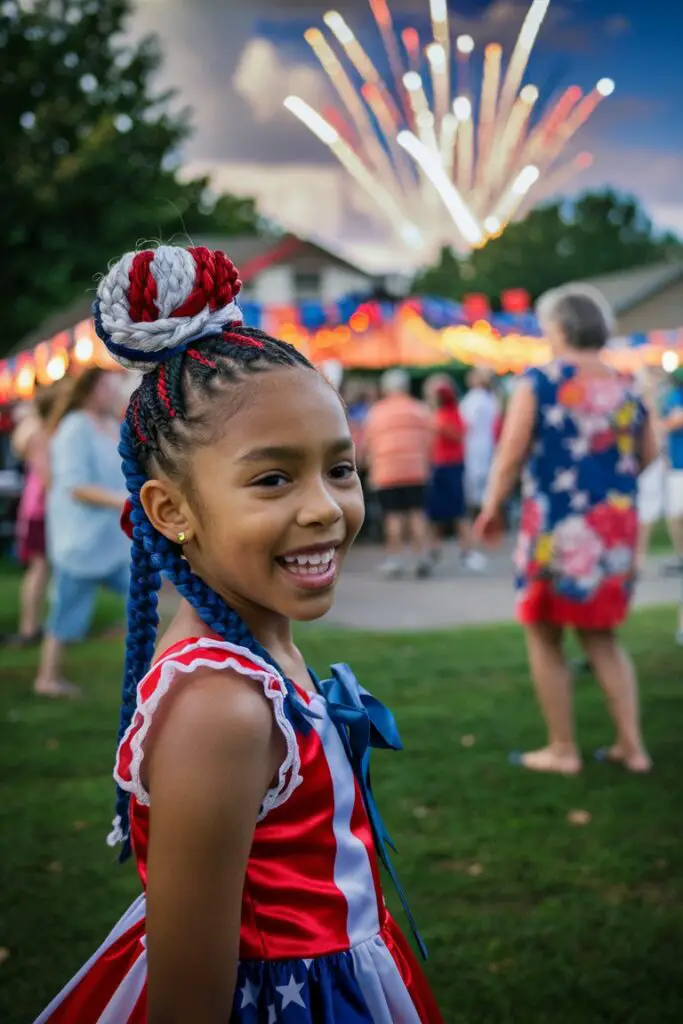 a girl of around 10 years old, with a braided bun colored in red, white, and blue. She’s wearing a patriotic-themed dress and has a happy, excited expression for the occasion of 4th of July.