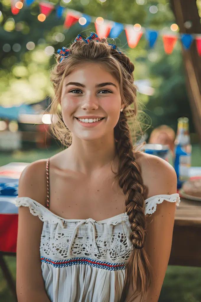 4th of July hairstyle of a young woman with a braided half-up hairstyle adorned with red, white, and blue flowers, wearing a casual yet stylish outfit, at a backyard BBQ.
