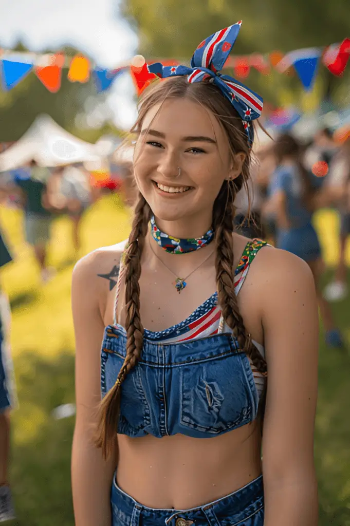 A woman with braided pigtails tied with bandana bows, wearing a fun and colorful outfit, at a festive outdoor event.