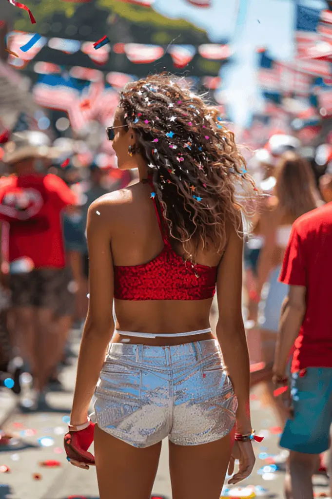 A woman with a high curly ponytail sprinkled with glitter, wearing a red top and white shorts, at a lively 4th of July parade with festive decorations.