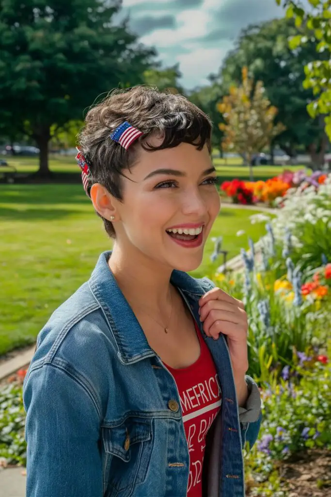 Patriotic hairstyle of a young woman with a curly pixie cut decorated with red, white, and blue hair clips, wearing a casual denim jacket and a red tank top, in a sunny park setting.