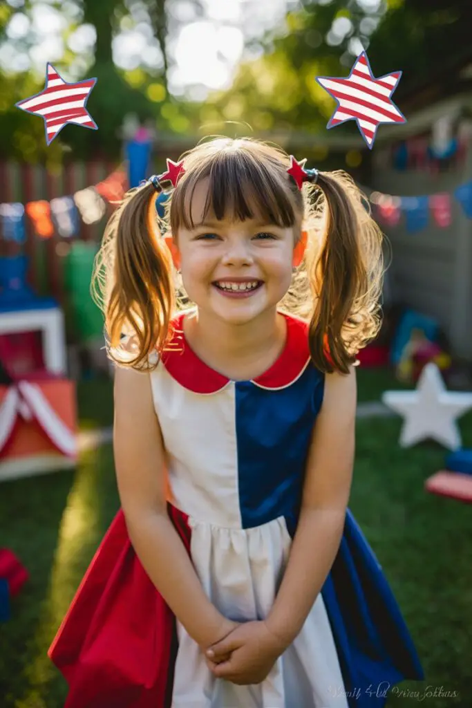 a little girl, around 6 years old, with a big smile and cute pigtails. Her pigtails are adorned with star-shaped clips, wearing a red, white, and blue dress for the occasion of 4th of July, Independence Day of America.