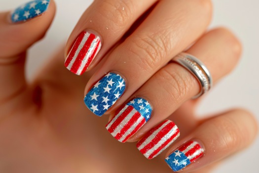 French tip nails with flag-inspired tips