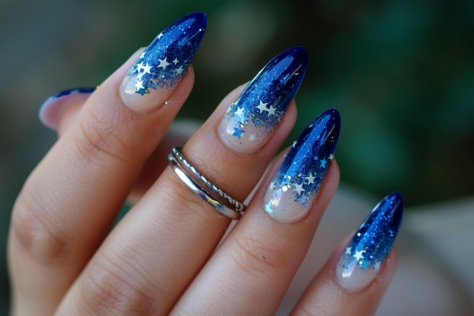 French tip nails with sparkling star tips