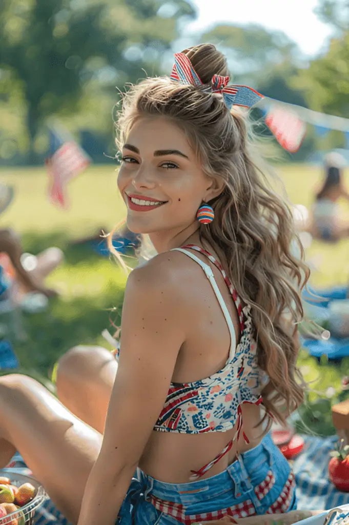 A young woman with a half-up, half-down hairstyle adorned with red, white, and blue ribbons, wearing a festive tank top and denim shorts, at an outdoor picnic with friends and family.