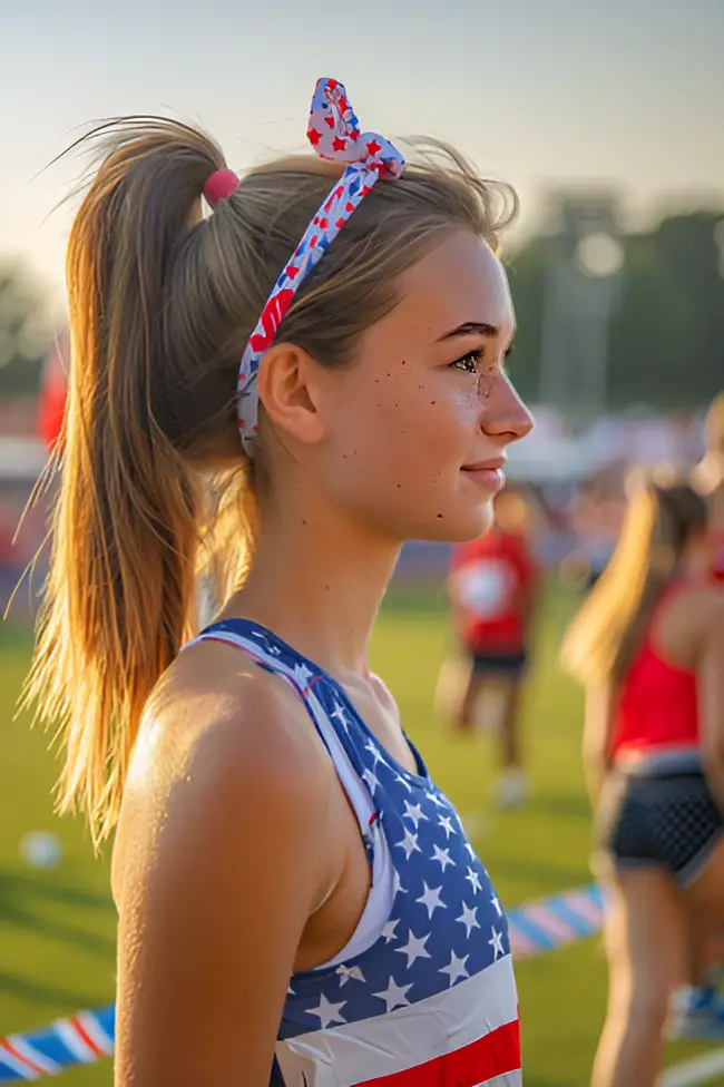 A woman with a high ponytail secured with a patriotic scrunchie, wearing a sporty tank top and shorts, at an outdoor sports event.