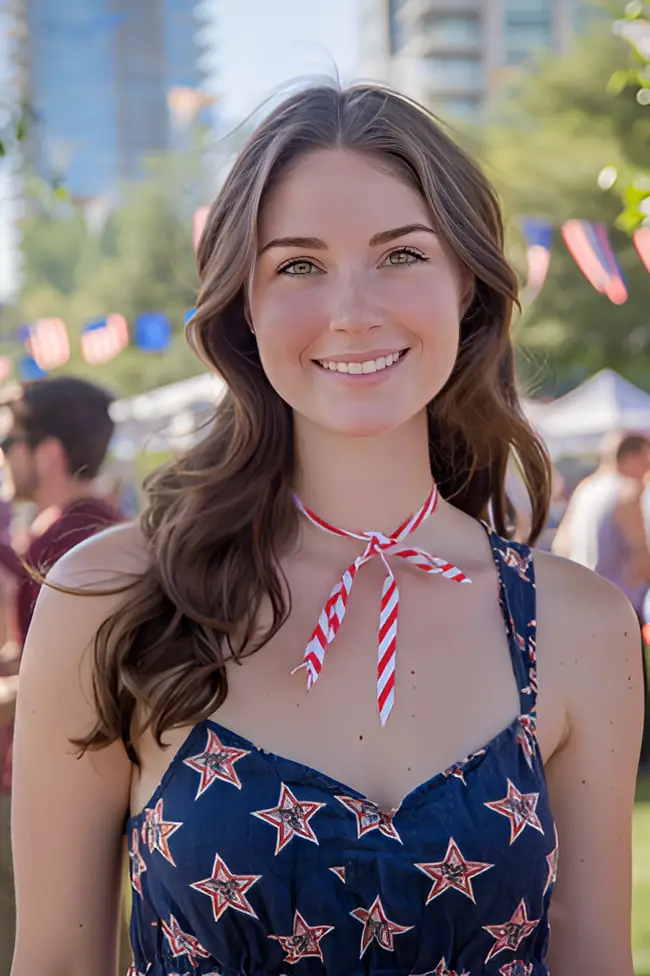 Independence day of America, A woman with long, loose waves and a star-spangled ribbon, wearing a flowy summer dress, in a sunny outdoor setting during a 4th of July celebration.