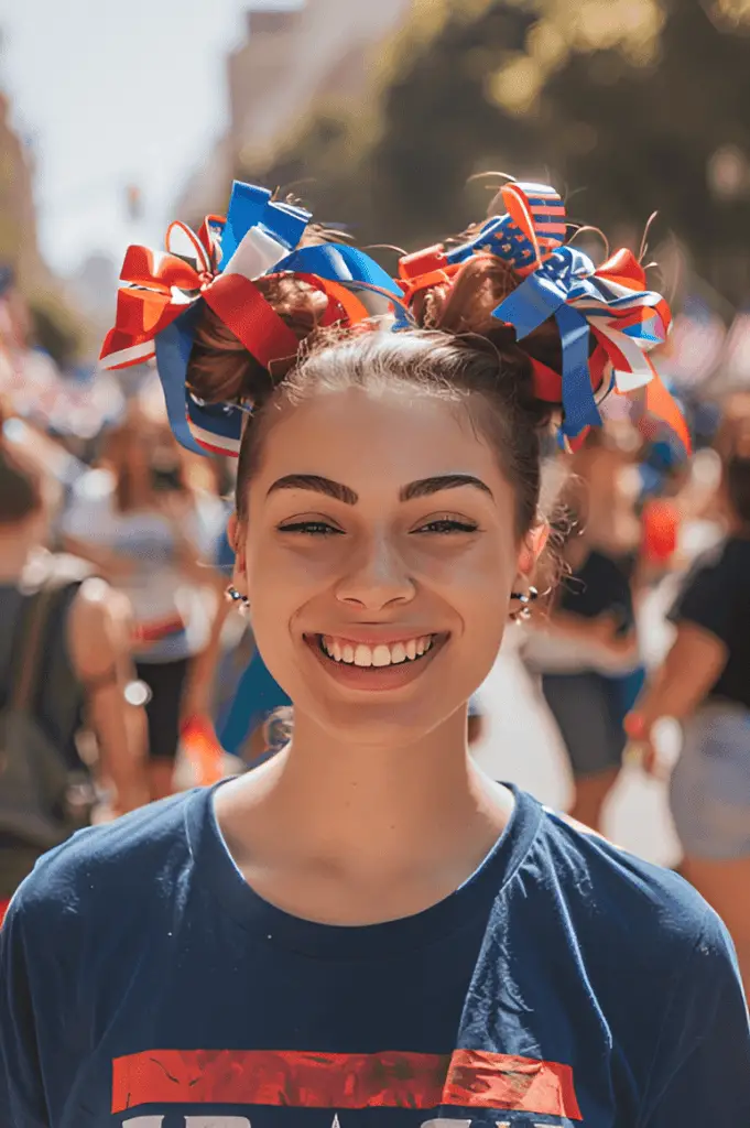A woman with two high space buns decorated with red, white, and blue ribbons, smiling brightly in a patriotic-themed t-shirt, on a lively street during a 4th of July parade