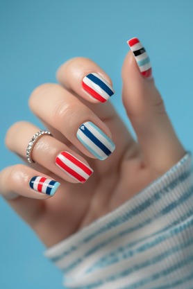 Red, White, and Blue Stripes 4th of july nails