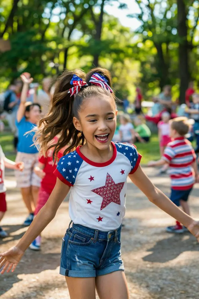 Picture of a young girl, around 8 years old, with a high ponytail decorated with red, white, and blue bows for the occasion of 4th of July.