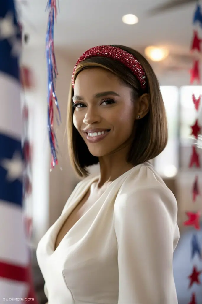 4th of July Hairstyle of a woman with a sleek bob and a sparkly red headband, smiling confidently in a stylish white blouse, in a well-lit indoor space with subtle patriotic decorations.