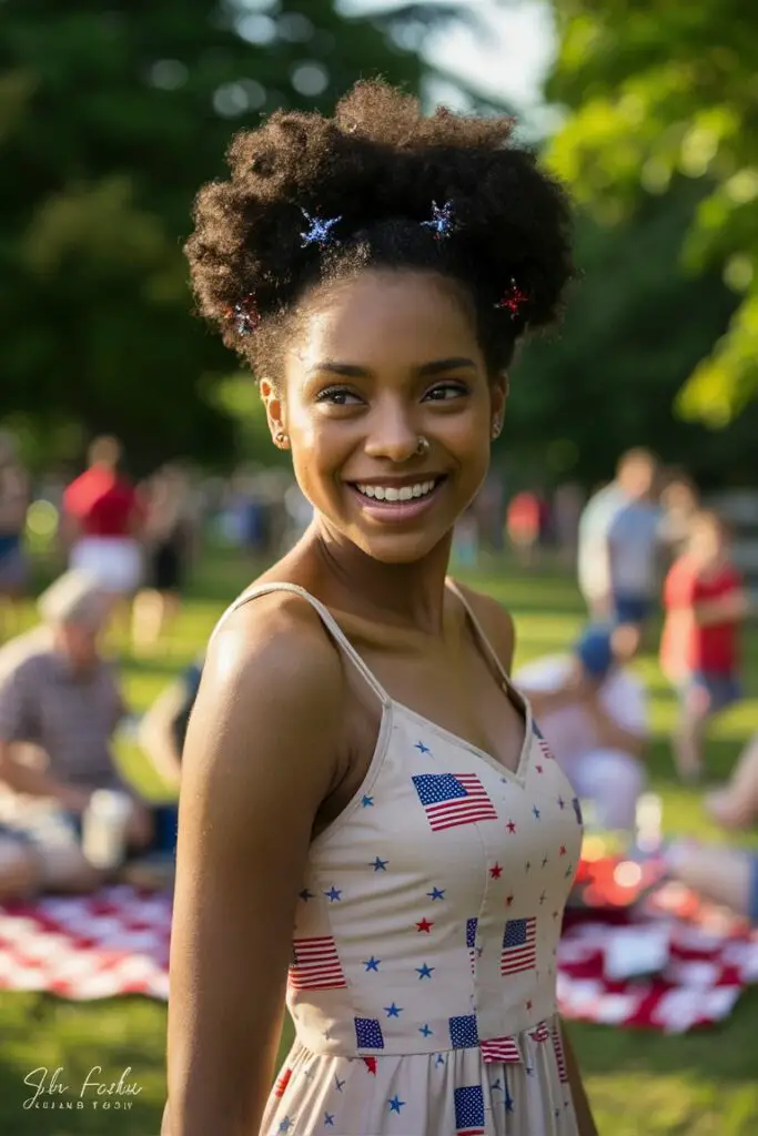 A bright and happy woman with a twist-out hairstyle and glitter accents in her curls, wearing a summer dress with a subtle patriotic theme, in a lively park during a 4th of July picnic.