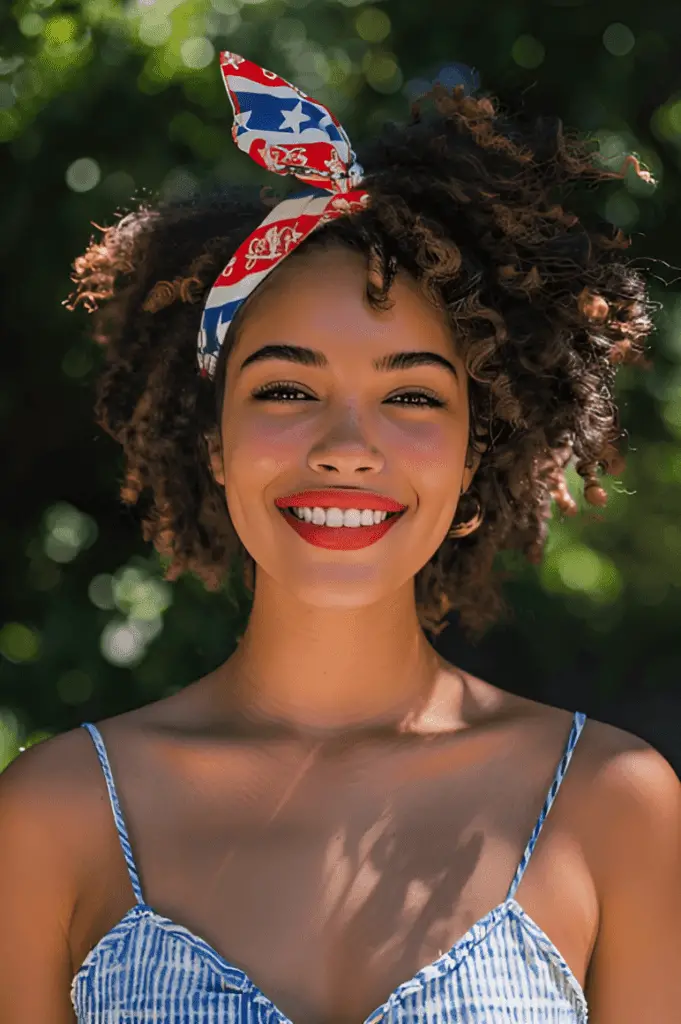 Independence day hairstyle of a woman with voluminous curls and a red, white, and blue headband, smiling joyfully in a casual summer dress, in a sunny garden or park setting